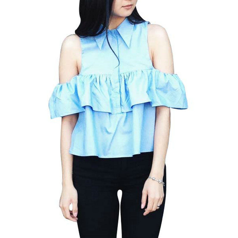 Fashion Women Ruffles Off Shoulder Turn-down Collar crop Short Blouse Shirts Summer Blue White-Dollar Bargains Online Shopping Australia