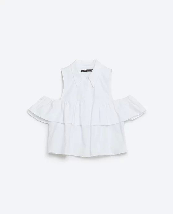 Fashion Women Ruffles Off Shoulder Turn-down Collar crop Short Blouse Shirts Summer Blue White-Dollar Bargains Online Shopping Australia