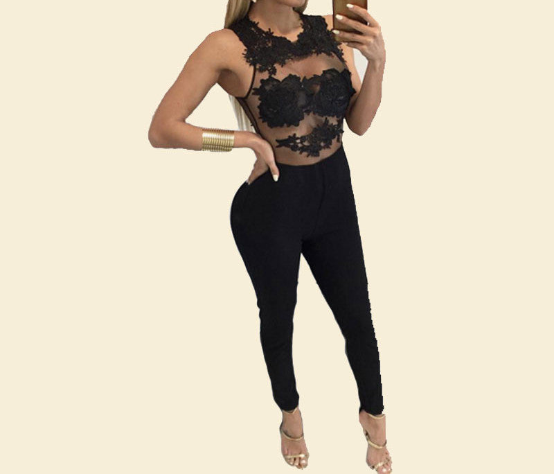 Women Bodycon jumpsuit Black Lace Bodysuit Female Transparent Mesh Embroidery Rompers Flower Jumpsuit-Dollar Bargains Online Shopping Australia