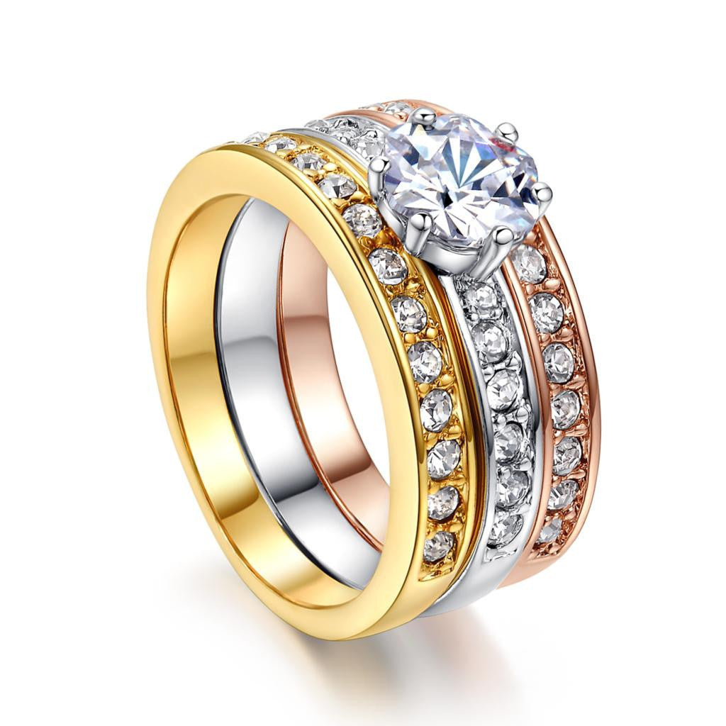 Classic Designer 3 Round CZ Diamond Paved Engagement Rings Sets For Women 18K Gold Plated Crystal Wedding Ring Jewelry DWR107-Dollar Bargains Online Shopping Australia