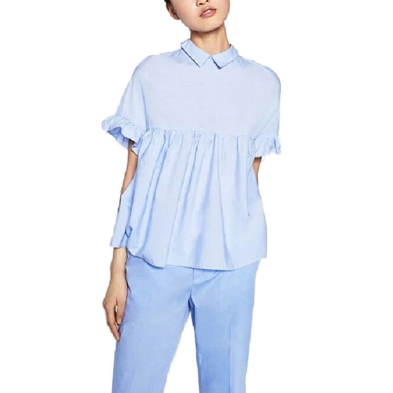 women elegant butterfly sleeve loose pleated cute shirts pleated blue back bow short sleeve blouse summer casual tops DT729-Dollar Bargains Online Shopping Australia