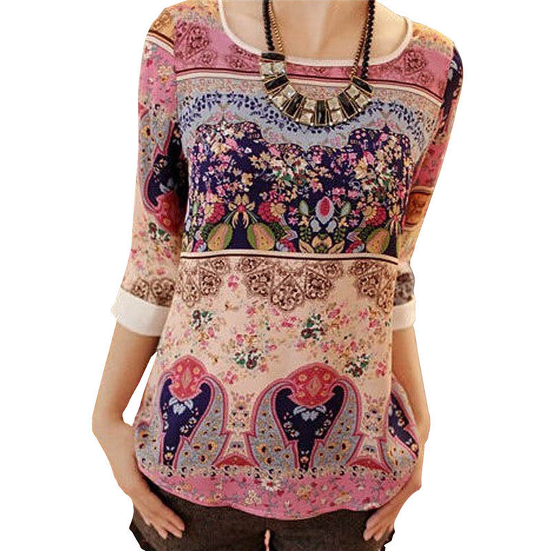 Fashion Women Print Chiffon Blouse O-neck Elegant Floral Three Quarter Puff Sleeve Shirt Blusas Women Summer Tops XXL-Dollar Bargains Online Shopping Australia