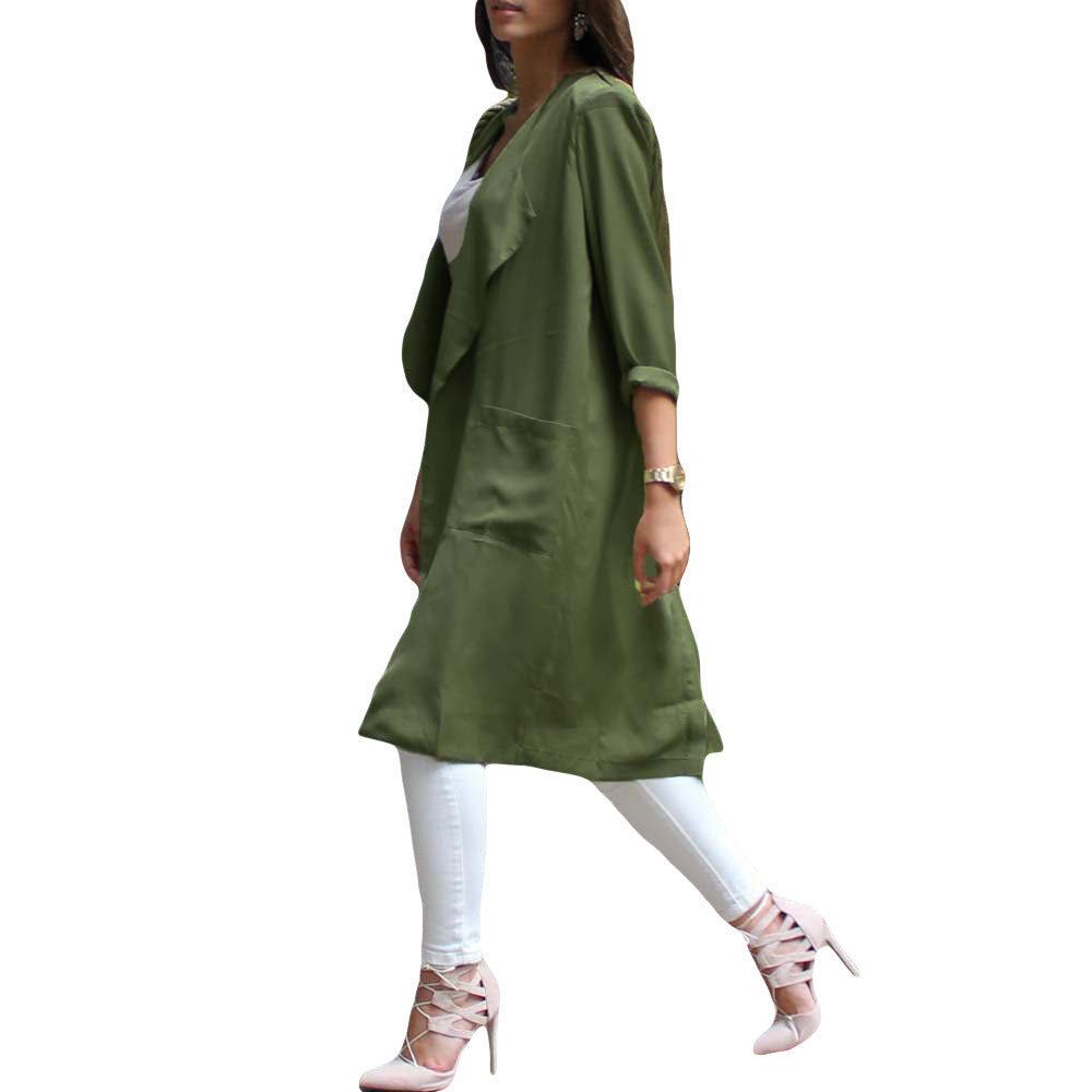 Fashion Chiffon Cardigan Trench Coat for Women Waterfall Open Front Pocket Long Sleeve Thin Coat Blouse Manteau Femme Green-Dollar Bargains Online Shopping Australia