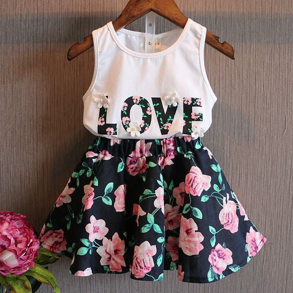 Arrival Cute Kid Girls Baby 2 Piece Sleeveless T-shirt Top Floral Lace Dress Suit Outfit-Dollar Bargains Online Shopping Australia