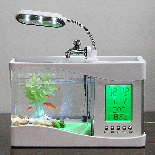 Usb Mini Fish Tank Desktop Electronic Aquarium Mini Fish Tank with Water Running LED Pump Light Calendar Clock White Black-Dollar Bargains Online Shopping Australia