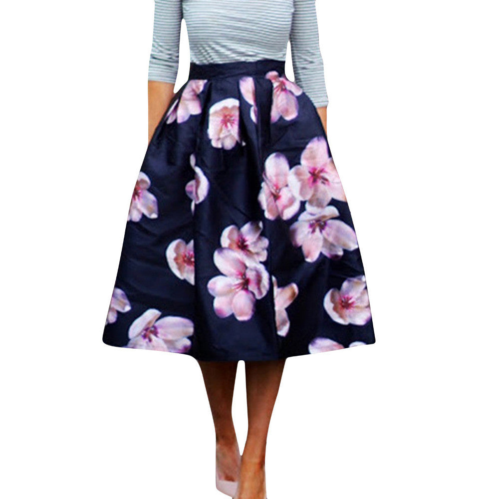 HimanJie Women Peach Floral Print Elastic High Waist Pleated Long Midi Skater Skirt 3 Colors In Stock Spring-Dollar Bargains Online Shopping Australia