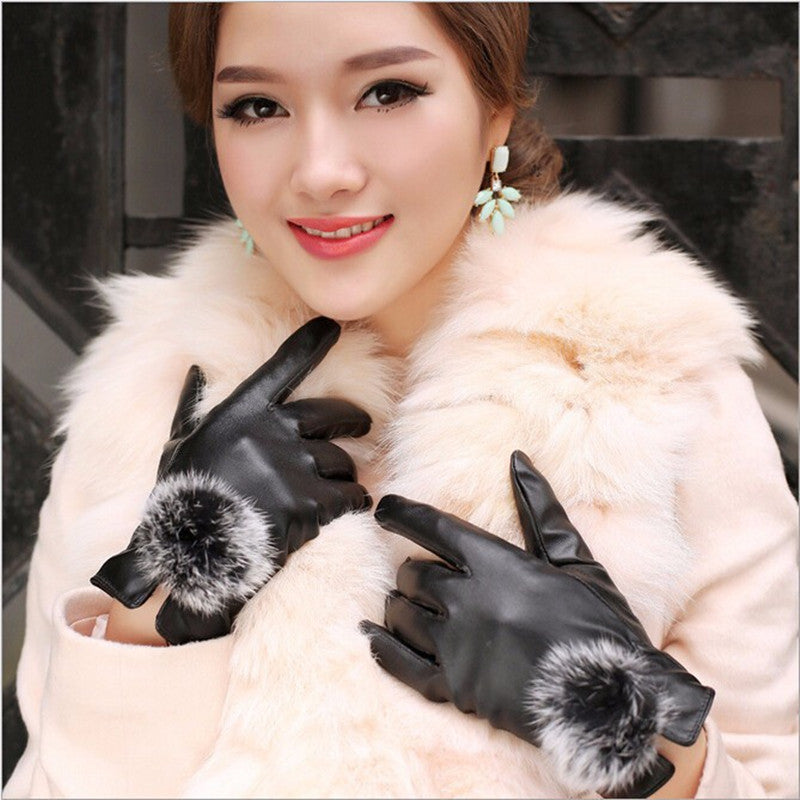 1 Pair Beautiful Rabbit Fur Ball PU Leather Gloves For Winter Gloves Brand Mitten Luvas Women Gloves Female Gloves-Dollar Bargains Online Shopping Australia