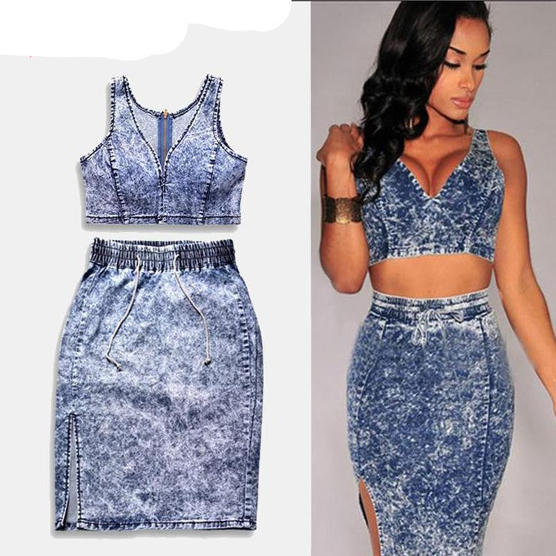 Sexy Denim Crops Tops And Skirt 2 Piece Set Deep V Neck High Waist Elastic Snowflakes Package Hip Corset Hollow-Out Set-Dollar Bargains Online Shopping Australia
