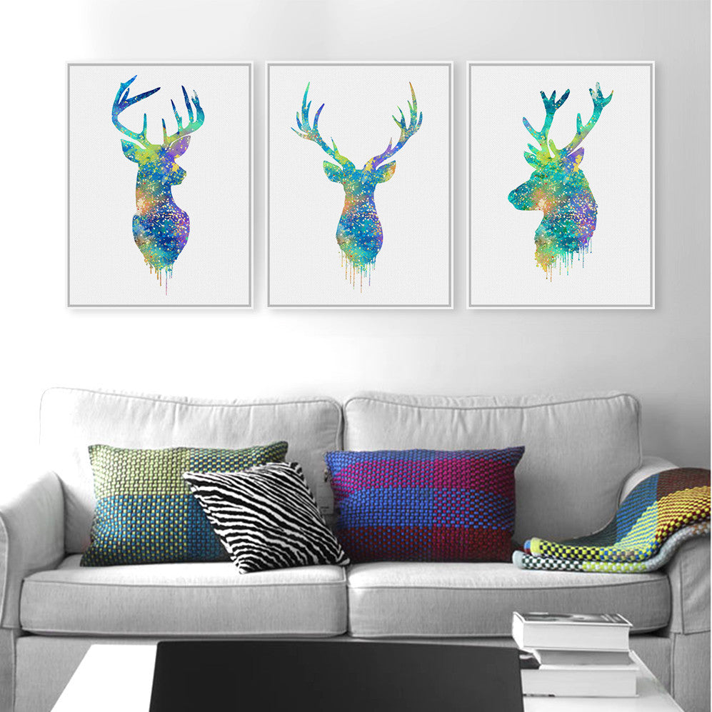 Triptych Watercolor Deer Head A4 Poster Print Abstract Animal Pictures Canvas Painting No Frames Living Room Home Decor Wall Art-Dollar Bargains Online Shopping Australia