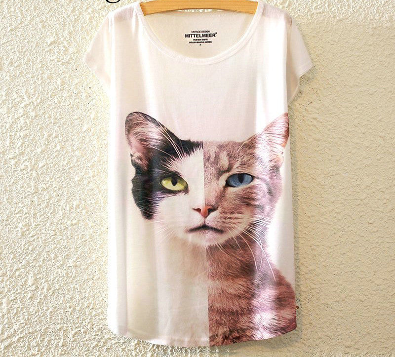 KaiTingu Brand Fashion Summer Harajuku Animal Cat Print Shirt O-Neck Short Sleeve T Shirt Women Tops White T-shirt-Dollar Bargains Online Shopping Australia