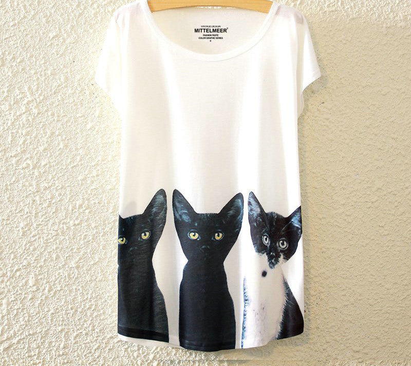 KaiTingu Brand Fashion Summer Harajuku Animal Cat Print Shirt O-Neck Short Sleeve T Shirt Women Tops White T-shirt-Dollar Bargains Online Shopping Australia