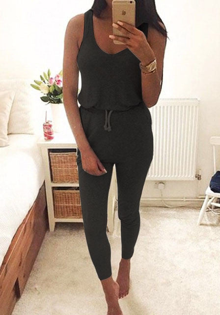 Low Cut Rompers Womens Jumpsuit Black Elastic Waist Sleeveless Long Pants Playsuit Strap Pocket Overalls-Dollar Bargains Online Shopping Australia