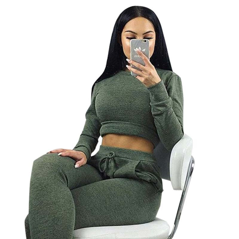 Women Two Piece Outfits Pants Set Rompers Jumpsuit Long Pants 2 Piece Set army green o neck Crop Tops Bodycon Palysuit gray-Dollar Bargains Online Shopping Australia