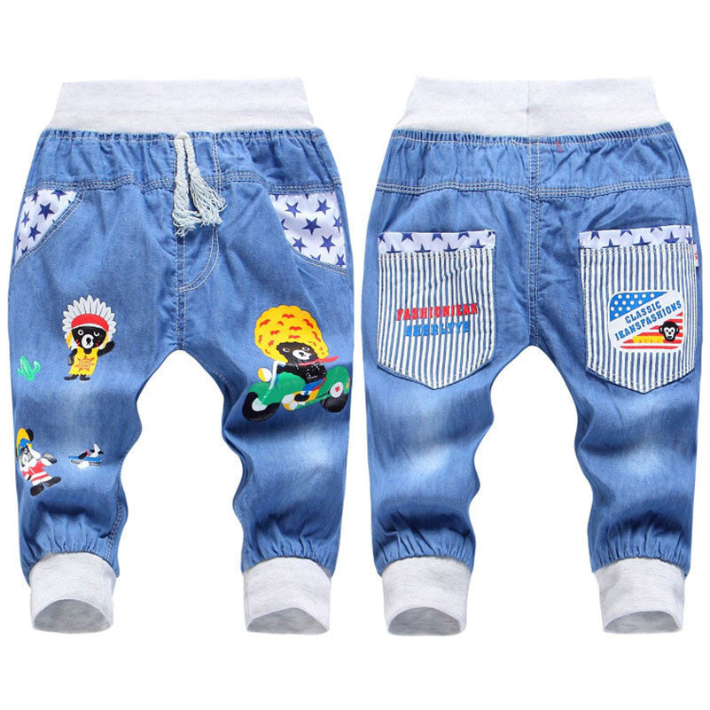 Fashion Kids Jeans Elastic Waist Straight Cartoon Jeans Denim Seventh Pants Boy Jeans For Kids-Dollar Bargains Online Shopping Australia