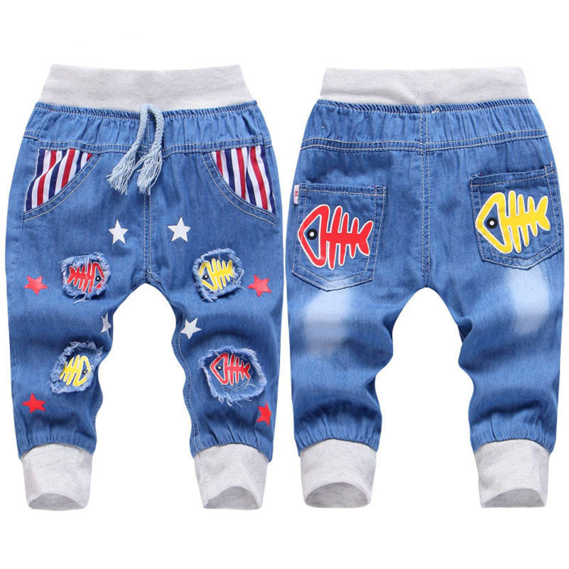 Fashion Kids Jeans Elastic Waist Straight Cartoon Jeans Denim Seventh Pants Boy Jeans For Kids-Dollar Bargains Online Shopping Australia