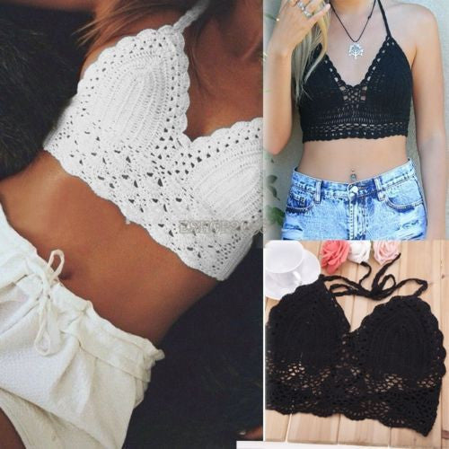 Womens Bralette Halter Neck Crop Top Knit Crochet Cami Summer Bikini Blouse Bra-Dollar Bargains Online Shopping Australia