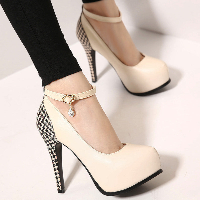 Female Casual Round Toe Pumps Women Thin High Heeled Buckle Single Shoes Fashion Girls Rhinestone Platform Shoes-Dollar Bargains Online Shopping Australia