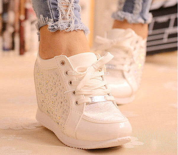 Black White Hidden Wedge Heels Fashion Women's Elevator Shoes Casual Shoes For Women wedge heel Rhinestone-Dollar Bargains Online Shopping Australia