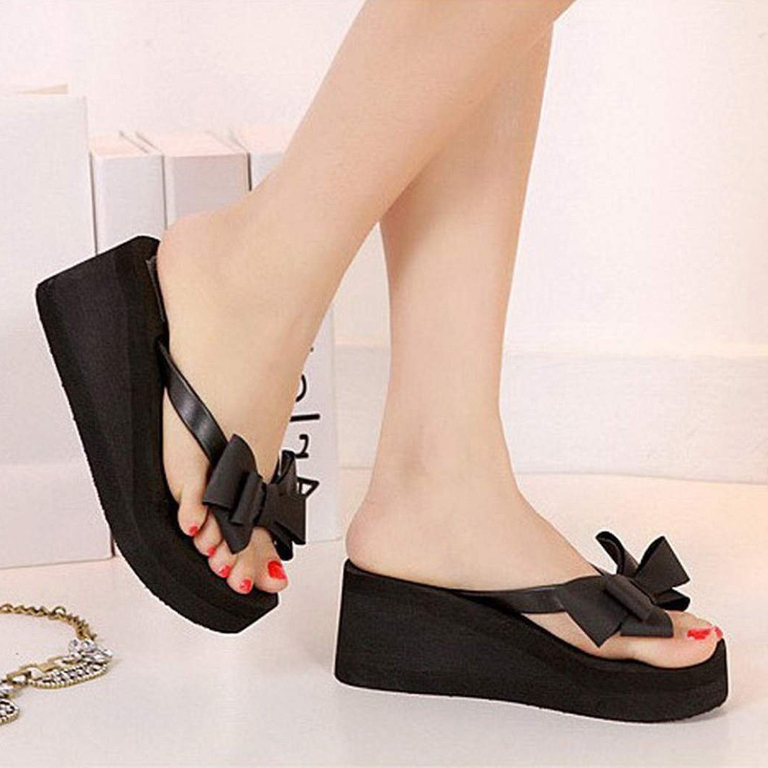 Fashion women shoes Knotbow Sandals Shoes Beach Flat Wedges flip flops womens platform flip flops-Dollar Bargains Online Shopping Australia