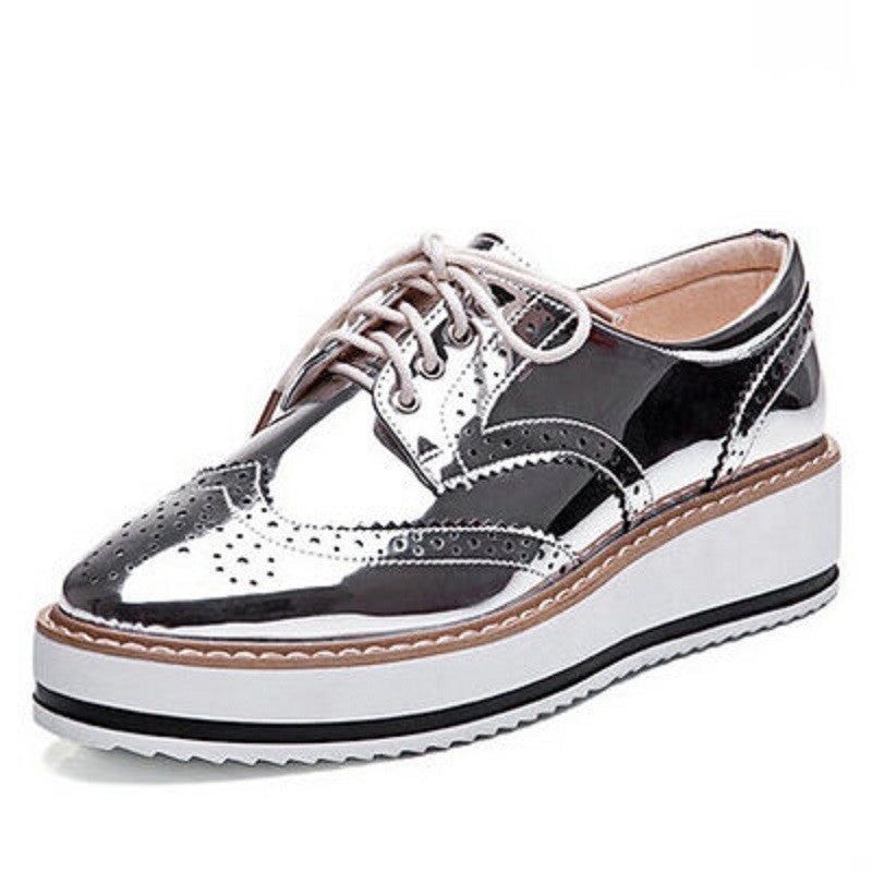 Womens Winged Oxford Lace Up Striped Platform Metallic Silver Black Fashion Vintage Platform Bullock Flat Female Shoes-Dollar Bargains Online Shopping Australia