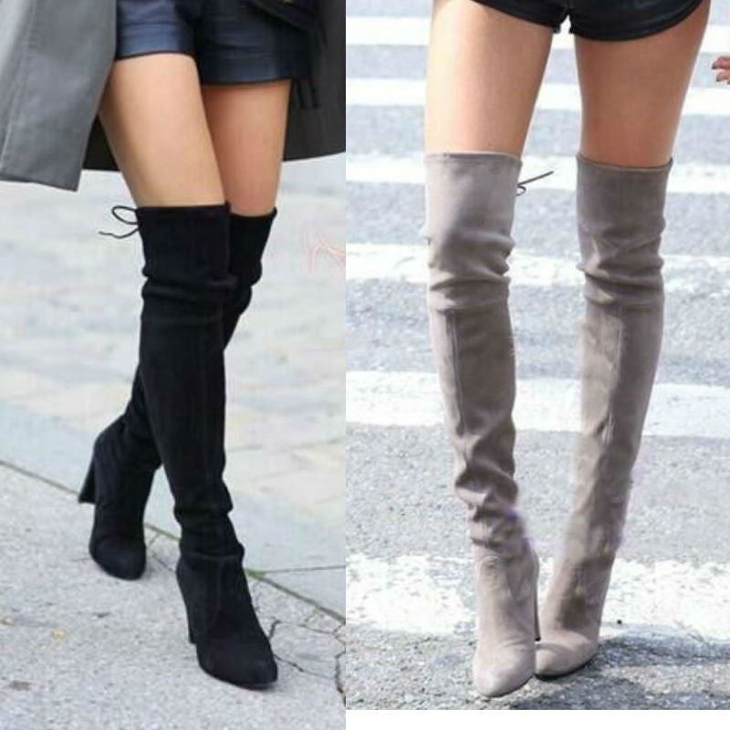 Women Stretch Faux Suede Slim Thigh High Boots Sexy Fashion Over the Knee Boots High Heels Woman Shoes Black Gray Winered-Dollar Bargains Online Shopping Australia