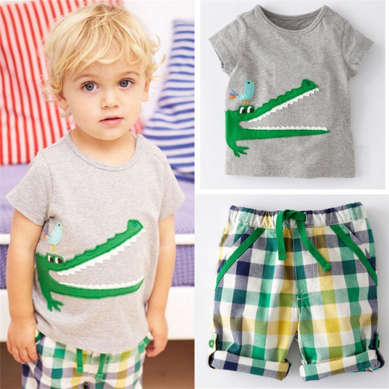 Cartoon Crocodile Print Baby Kids Boys Clothes Set Arrival Fashion T-shirt and Striped Pants Summer Wear-Dollar Bargains Online Shopping Australia