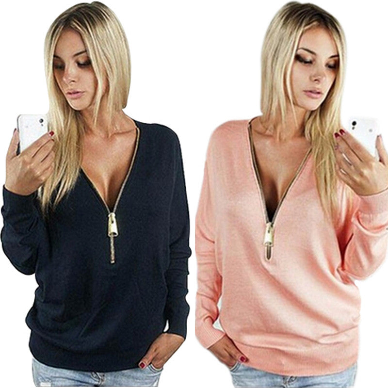women T Shirt fashion V-Neck long sleeve autumn women tops zipper t-shirt blusas femininas TSTS1-Dollar Bargains Online Shopping Australia