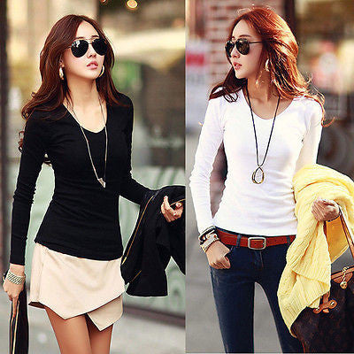 Women Basic Plain Round Crew Neck Tee Shirts Stretch Long Sleeve Top T-Shirts-Dollar Bargains Online Shopping Australia