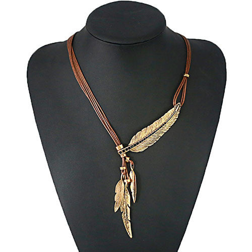 Fashion Bohemian Style Black Rope Chain Feather Pattern Pendant Necklace For Women Fine Jewelry Collares Statement Necklace-Dollar Bargains Online Shopping Australia