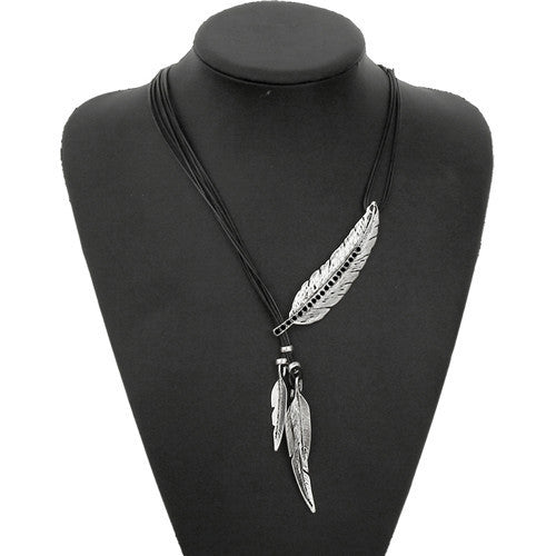 Fashion Bohemian Style Black Rope Chain Feather Pattern Pendant Necklace For Women Fine Jewelry Collares Statement Necklace-Dollar Bargains Online Shopping Australia