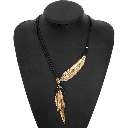 Fashion Bohemian Style Black Rope Chain Feather Pattern Pendant Necklace For Women Fine Jewelry Collares Statement Necklace-Dollar Bargains Online Shopping Australia