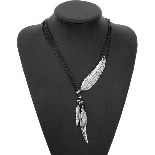 Fashion Bohemian Style Black Rope Chain Feather Pattern Pendant Necklace For Women Fine Jewelry Collares Statement Necklace-Dollar Bargains Online Shopping Australia