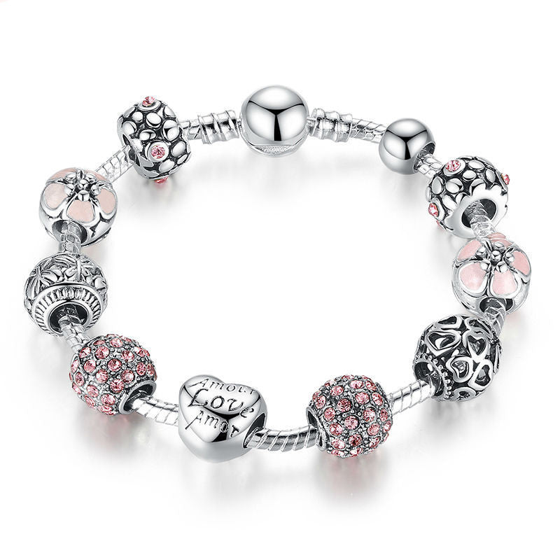 Antique 925 Silver Charm Fit Pan Bangle & Bracelet with Love and Flower Crystal Ball for Women Wedding PA1455-Dollar Bargains Online Shopping Australia