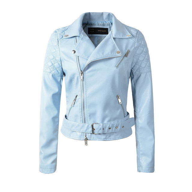 Fashion Women Faux Leather Jacket Ladies Motorcycle PU Blue Pink Black Long Sleeve Coat with Belt-Dollar Bargains Online Shopping Australia