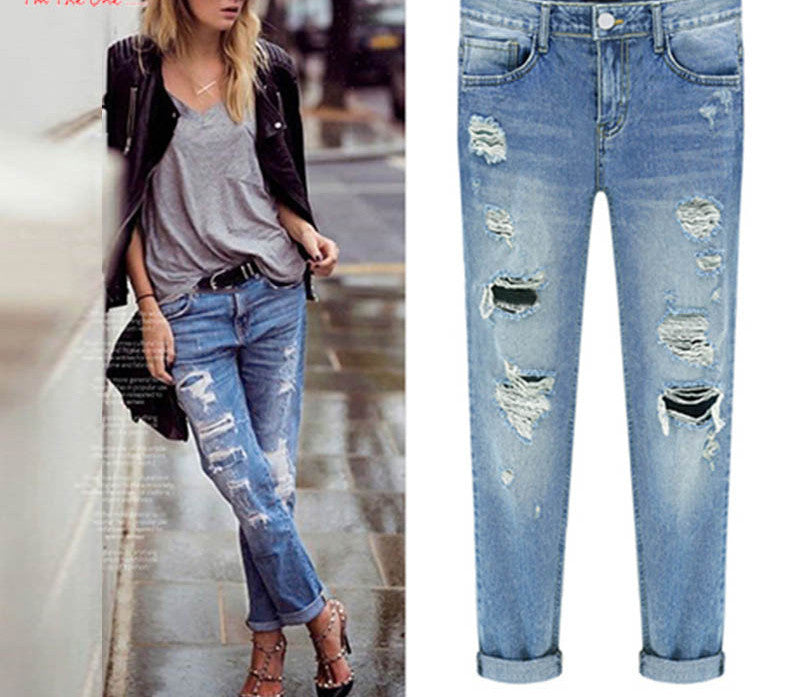 Spring Women Jeans Ripped Holes Fashion Straight Full Length Mid Waist Famale Washed Denim Pants Cotton Trousers-Dollar Bargains Online Shopping Australia