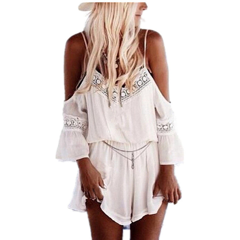 Womens Lace Chiffon Jumpsuit Rompers Summer Sexy Strap Off Shoulder Backless Bodysuit Beach Wear Playsuit Short Overalls-Dollar Bargains Online Shopping Australia