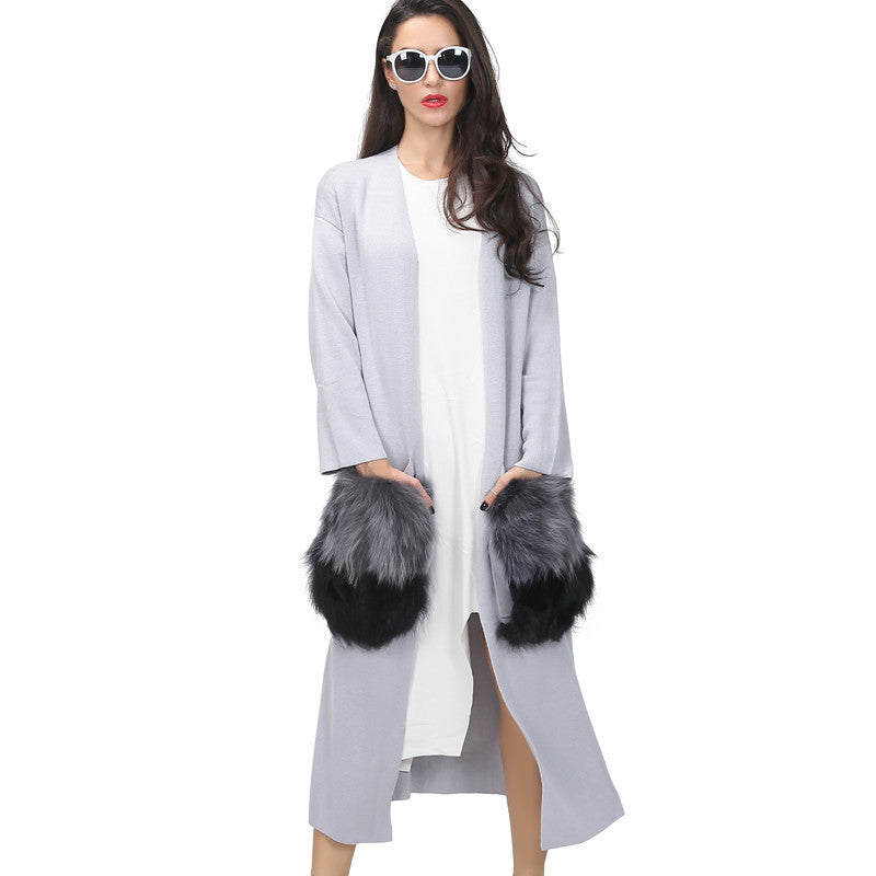 Long cardigan trench coat for women knitwear natural fur big pocket attachable autumn streetwear windbreaker-Dollar Bargains Online Shopping Australia