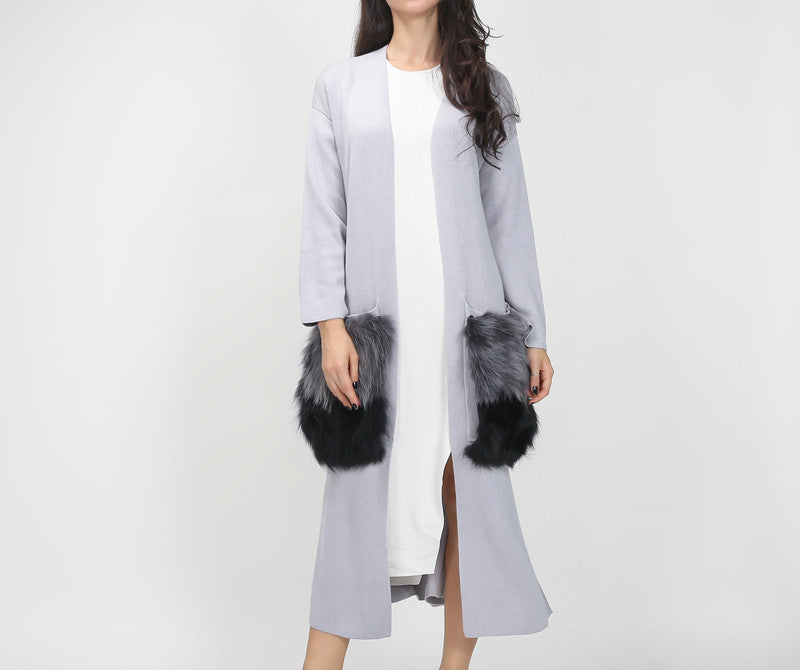 Long cardigan trench coat for women knitwear natural fur big pocket attachable autumn streetwear windbreaker-Dollar Bargains Online Shopping Australia