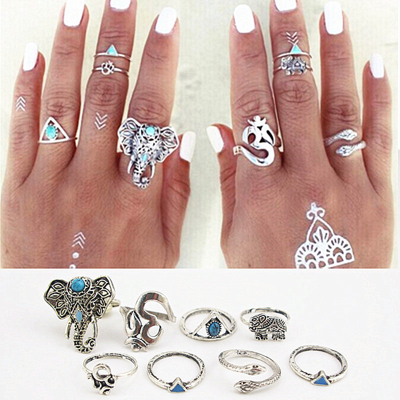 8PCS/Set Fashion Vintage Bohemian Turkish Midi Ring Set Steampunk Elephant Snake Ring Knuckle Rings Women Anel Joint Ring J-264-Dollar Bargains Online Shopping Australia