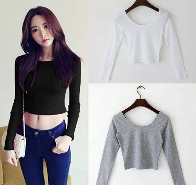 Sexy Crop Top Ladies long Sleeve t shirt women tops Basic Stretch T-shirts Bare-midriff solid color-Dollar Bargains Online Shopping Australia