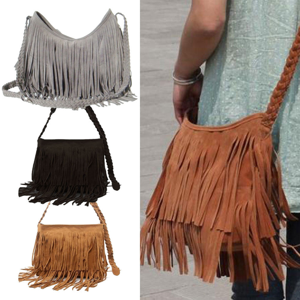 Fashion Women Suede Weave Tassel Shoulder Bag Messenger Bag Fringe Handbags High Quality-Dollar Bargains Online Shopping Australia
