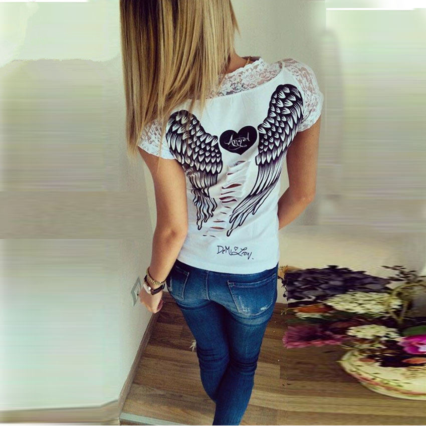Fashion Women's T shirt Back Hollow Angel Wings T-shirt Tops Summer Style Woman Lace Short Sleeve Tops T shirts Clothing-Dollar Bargains Online Shopping Australia