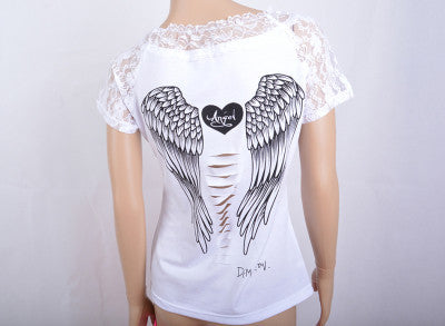 Fashion Women's T shirt Back Hollow Angel Wings T-shirt Tops Summer Style Woman Lace Short Sleeve Tops T shirts Clothing-Dollar Bargains Online Shopping Australia