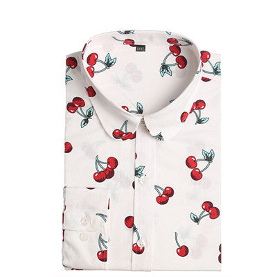 Dioufond Floral Long Sleeve Vintage Blouse Cherry Turn Down Collar Shirt Blusas Feminino Ladies Blouses Womens Tops Fashion-Dollar Bargains Online Shopping Australia