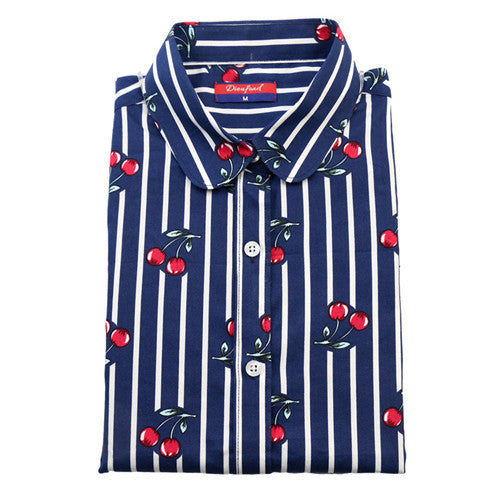 Dioufond Floral Long Sleeve Vintage Blouse Cherry Turn Down Collar Shirt Blusas Feminino Ladies Blouses Womens Tops Fashion-Dollar Bargains Online Shopping Australia