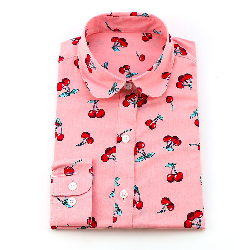 Dioufond Floral Long Sleeve Vintage Blouse Cherry Turn Down Collar Shirt Blusas Feminino Ladies Blouses Womens Tops Fashion-Dollar Bargains Online Shopping Australia