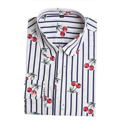 Dioufond Floral Long Sleeve Vintage Blouse Cherry Turn Down Collar Shirt Blusas Feminino Ladies Blouses Womens Tops Fashion-Dollar Bargains Online Shopping Australia