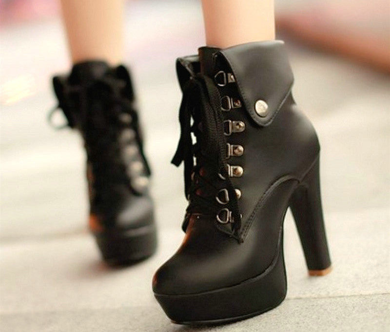 Women Faux Leather Ankle Boots Designer Fashion Platform Chunky High Heels Lace Up Short Booties Woman Autumn Winter Shoes-Dollar Bargains Online Shopping Australia