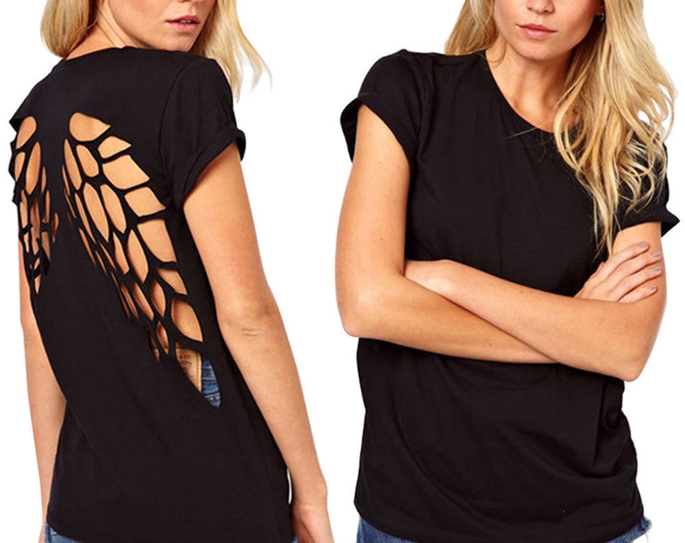 Summer T-shirts Angel Wings Short Sleeve 0-Neck Women Casual Shirts Backless Casual Tops Black White Plus Size S-XXXL-Dollar Bargains Online Shopping Australia