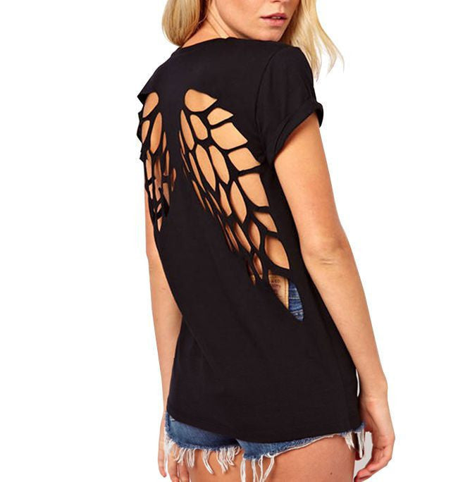 Summer T-shirts Angel Wings Short Sleeve 0-Neck Women Casual Shirts Backless Casual Tops Black White Plus Size S-XXXL-Dollar Bargains Online Shopping Australia